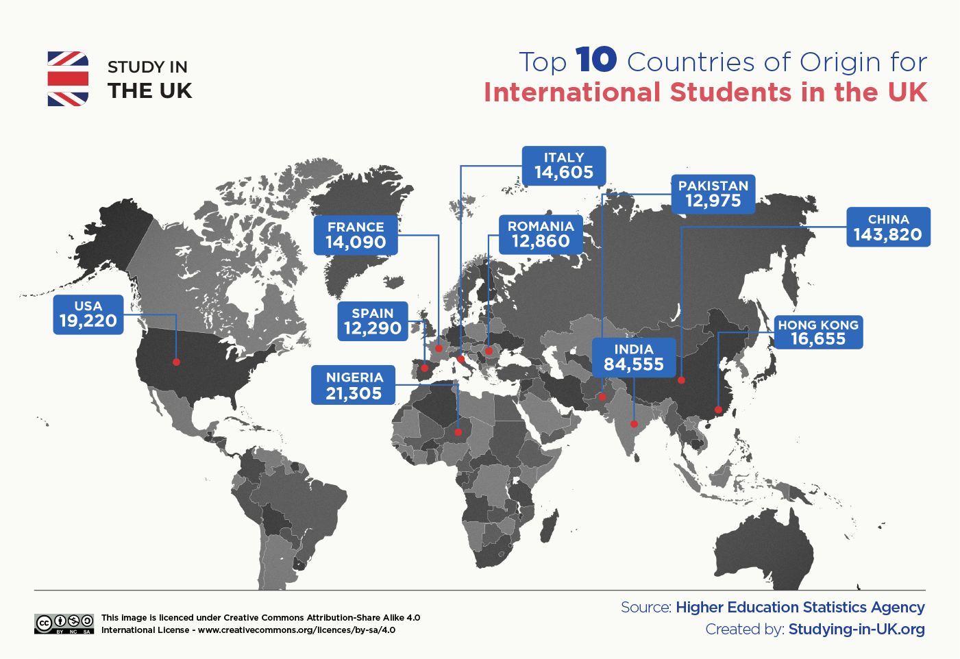 Map showing international student top countries